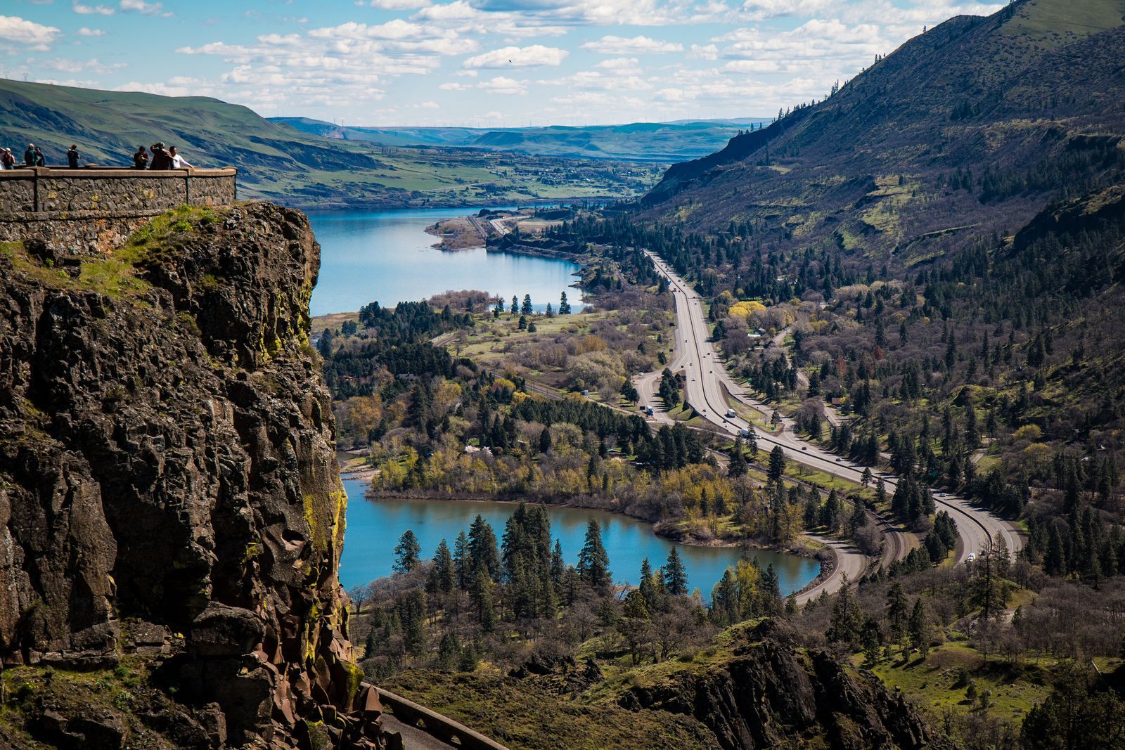 The Columbia River Gorge and winding highway seen from Rowena Crest, one of the Columbia River Gorge cruise stops