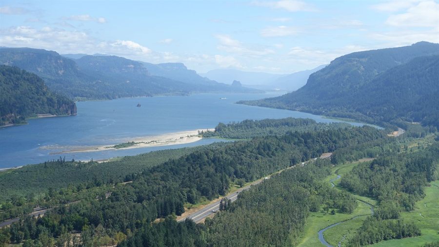Aerial view up the Columbia River Gorge with forested shores and distant cliffs